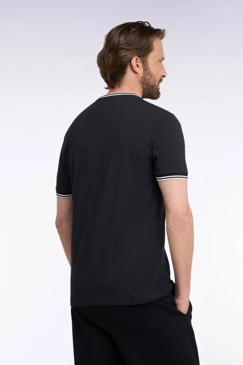 T-shirt manches courtes en coton noir à bords-côtes rayés coupe droite