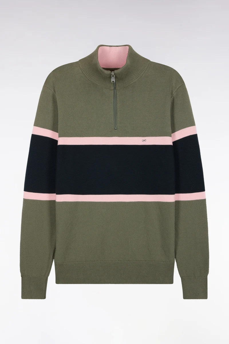 Pull à col camionneur en coton vert olive à découpes contrastées coupe droite