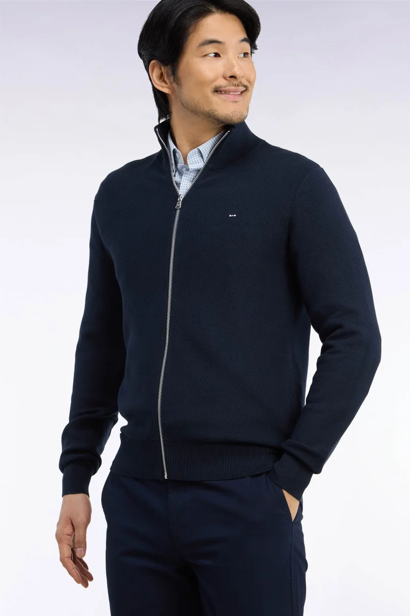 Cardigan zippé en coton marine coupe droite