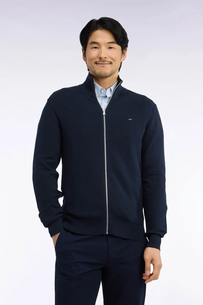 Cardigan zippé en coton marine coupe droite