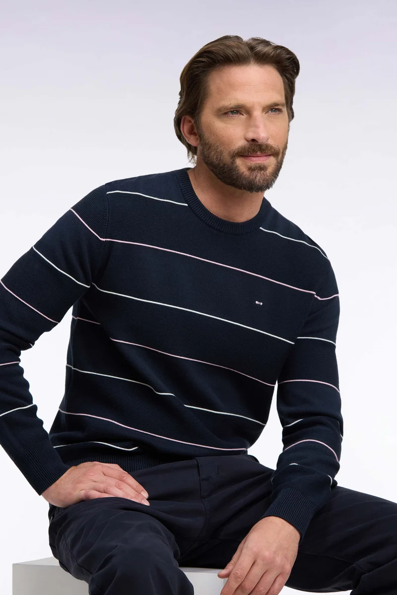 Pull à col rond en coton rayé marine coupe droite