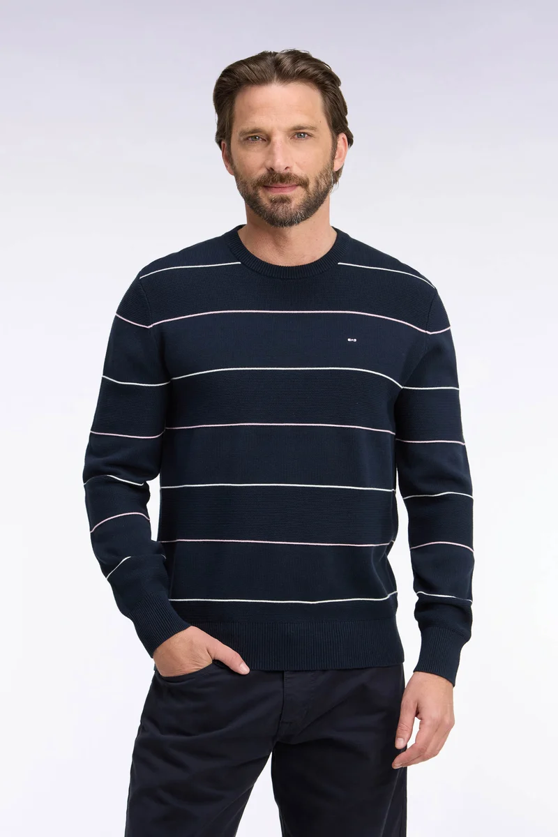Pull à col rond en coton rayé marine coupe droite