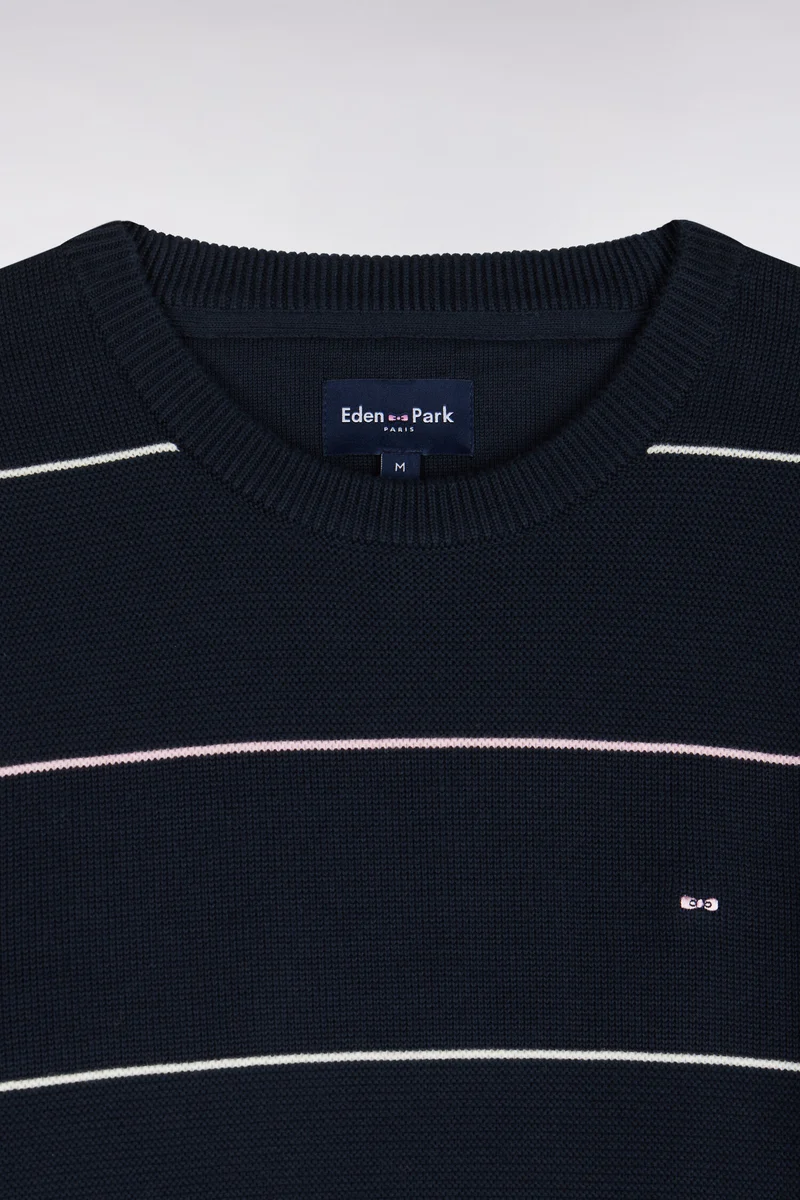 Pull à col rond en coton rayé marine coupe droite