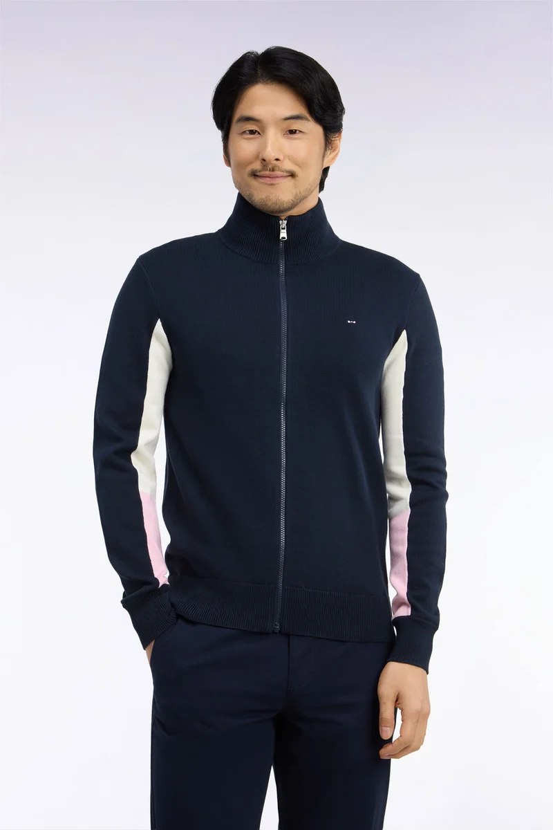 Cardigan zippé en coton marine coupe droite