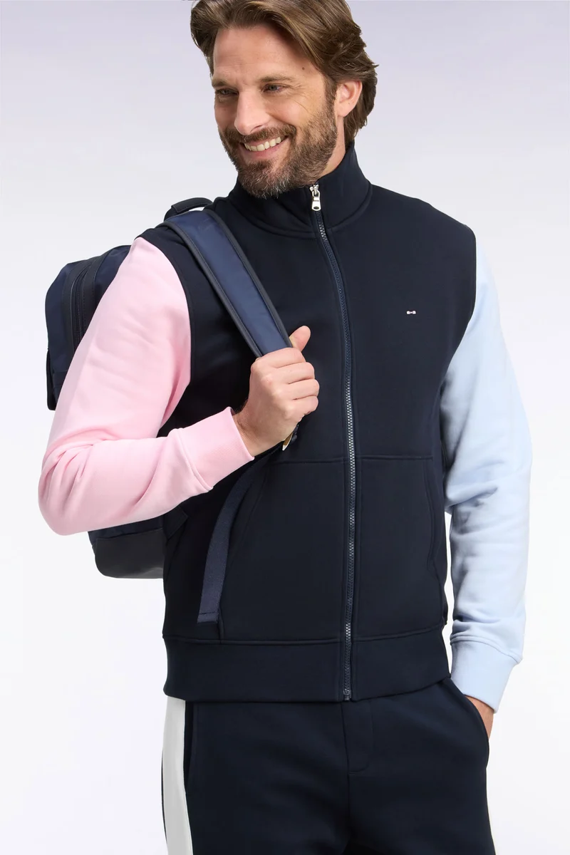Sweatshirt zippé en molleton coton tricolore brodé coupe droite