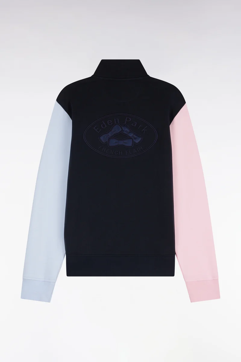 Sweatshirt zippé en molleton coton tricolore brodé coupe droite