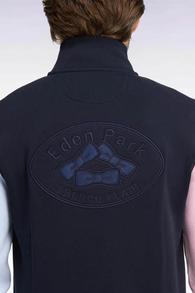Sweatshirt zippé en molleton coton tricolore brodé coupe droite