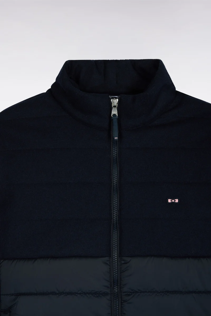 Doudoune sans manches bimatière en nylon et flanelle marine