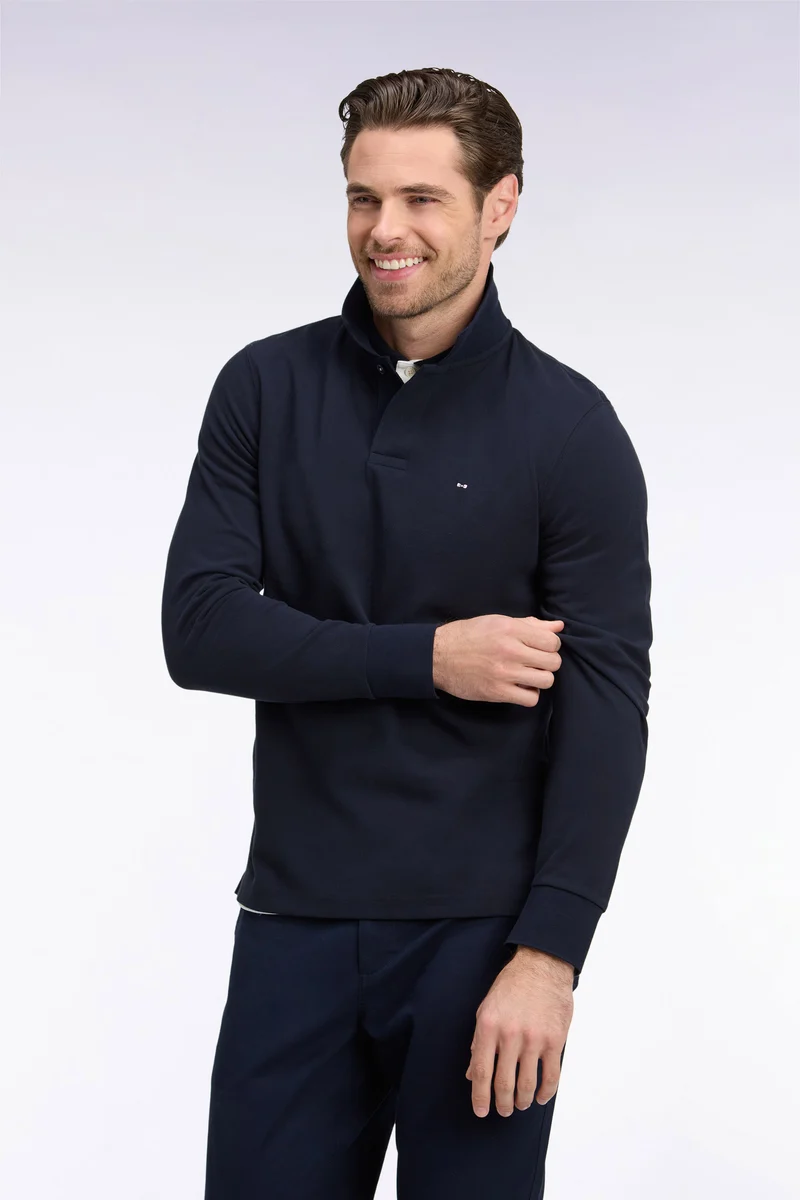 Polo à manches longues en piqué coton marine broderie dos