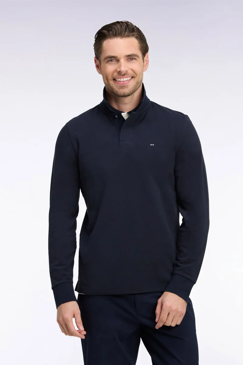 Polo à manches longues en piqué coton marine broderie dos