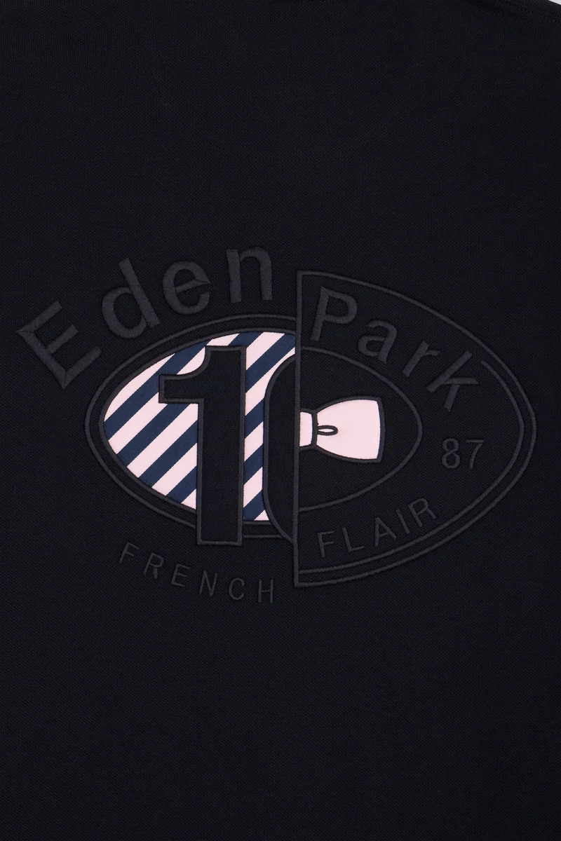 Polo à manches longues en piqué coton marine broderie dos