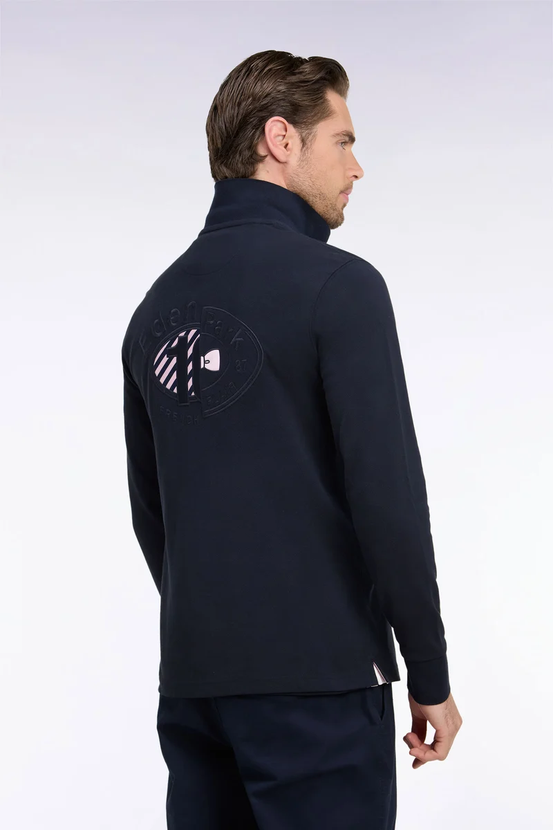 Polo à manches longues en piqué coton marine broderie dos