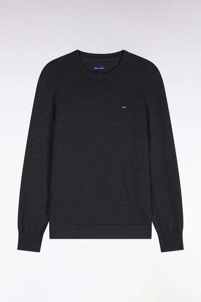 Pull à col rond en coton et viscose gris foncé coupe droite