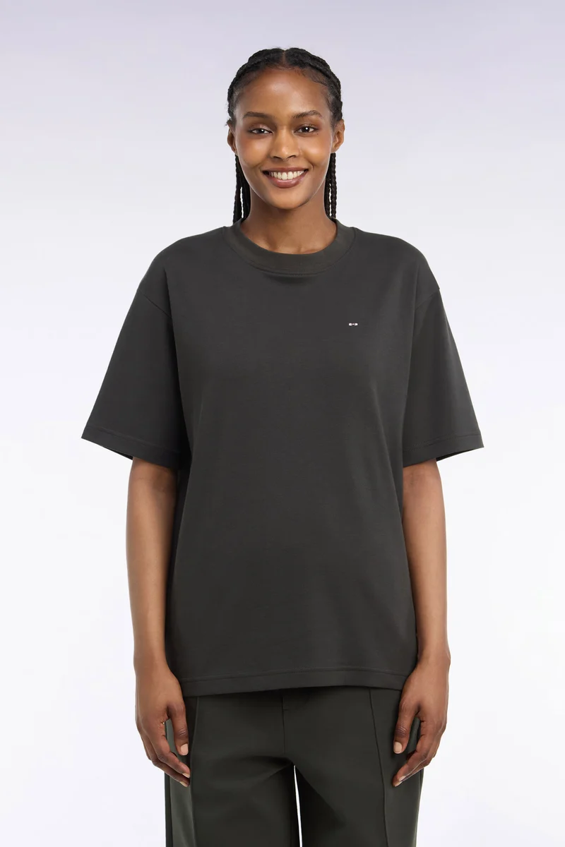 T-shirt col rond unisexe à manches courtes en coton mercerisé kaki coupe loose
