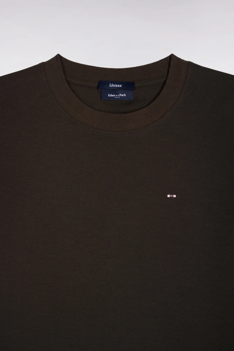 T-shirt col rond unisexe à manches courtes en coton mercerisé kaki coupe loose