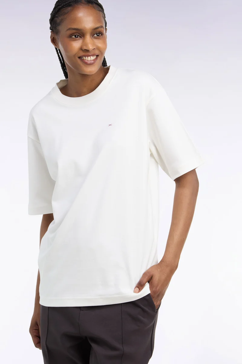 T-shirt col rond unisexe à manches courtes en coton mercerisé écru coupe loose
