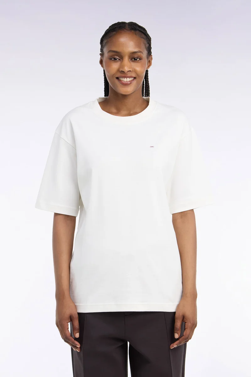T-shirt col rond unisexe à manches courtes en coton mercerisé écru coupe loose