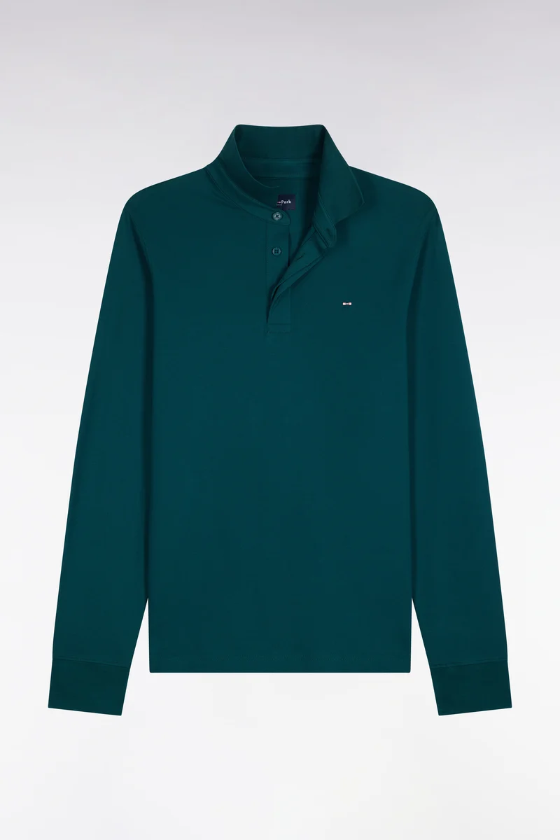 Polo manches longues en coton stretch vert coupe ajustée