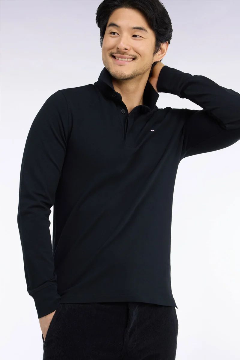 Polo manches longues en coton stretch noir coupe ajustée
