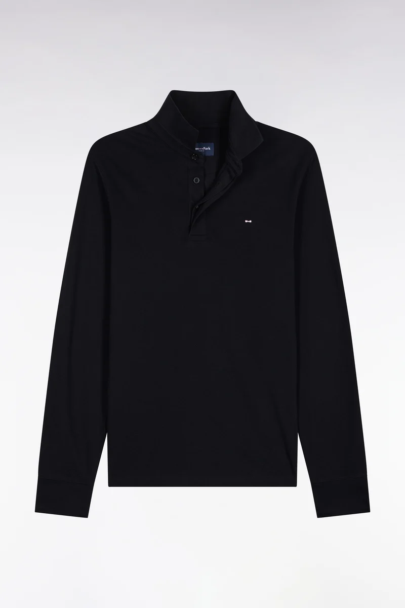 Polo manches longues en coton stretch noir coupe ajustée