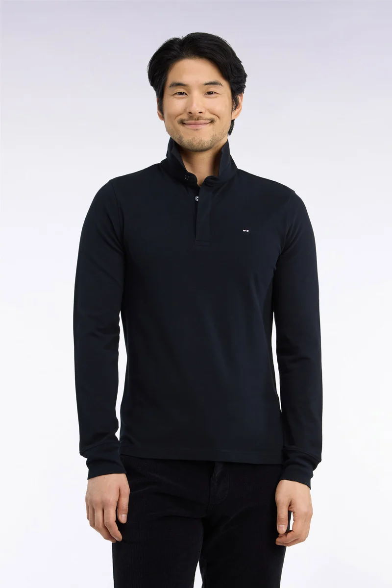 Polo manches longues en coton stretch noir coupe ajustée