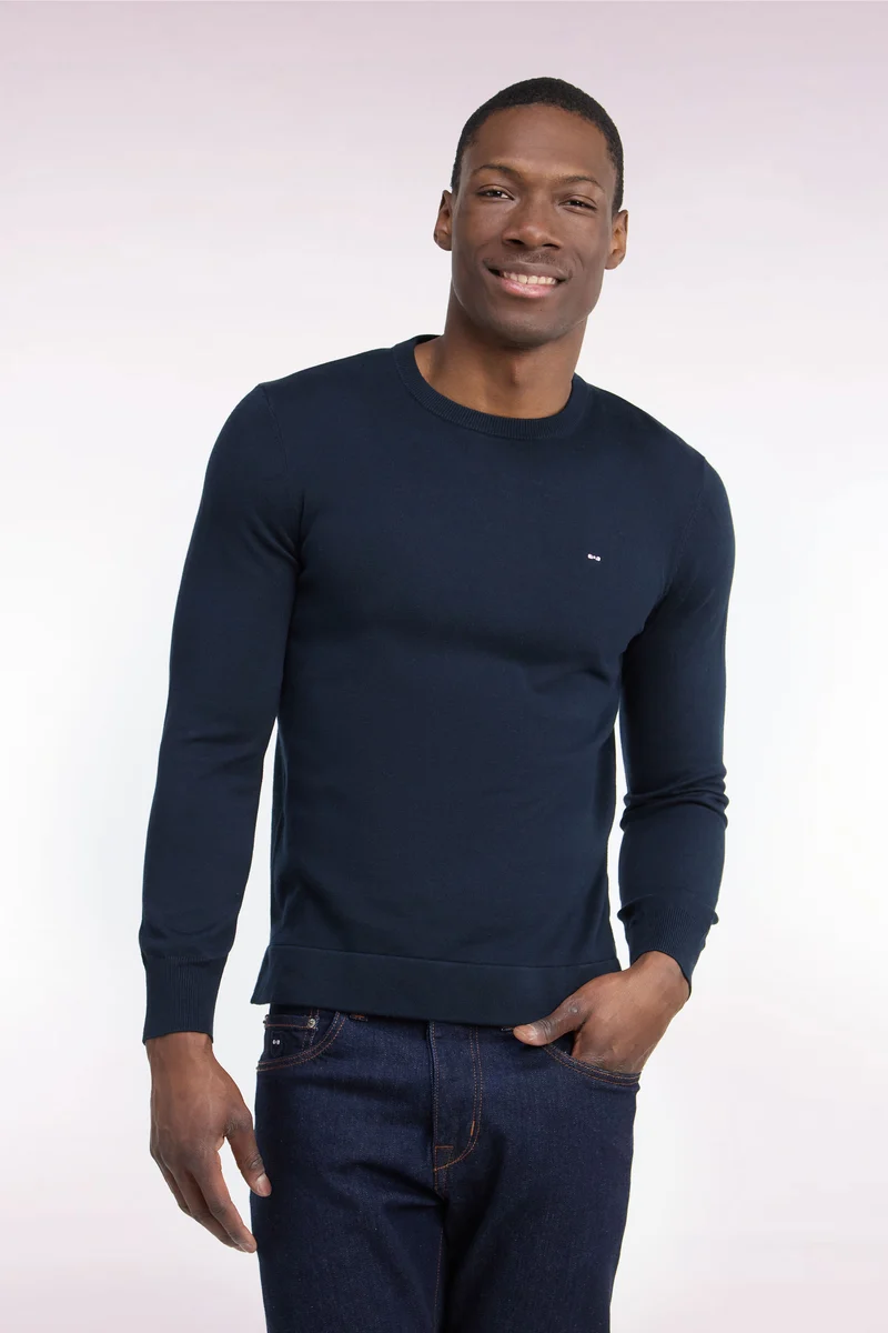 Pull à col rond en coton et viscose marine coupe droite