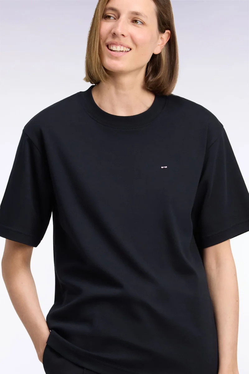 T-shirt col rond unisexe à manches courtes en coton mercerisé noir coupe loose