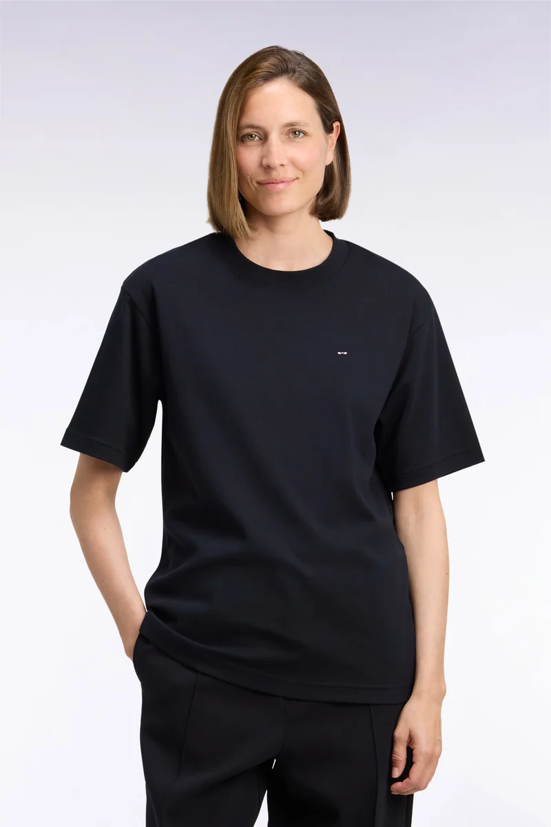 T-shirt col rond unisexe à manches courtes en coton mercerisé noir coupe loose