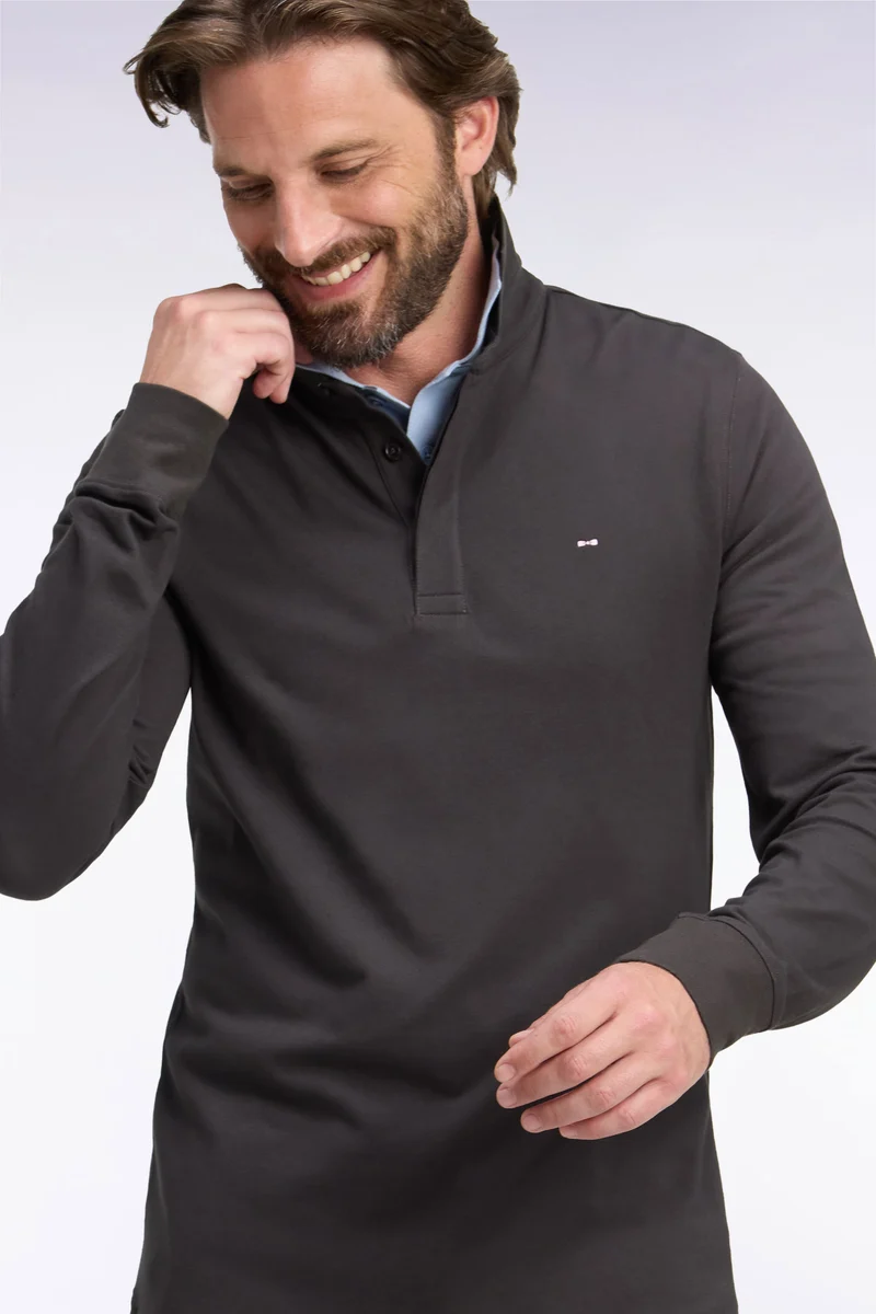 Polo manches longues en coton stretch marron coupe ajustée