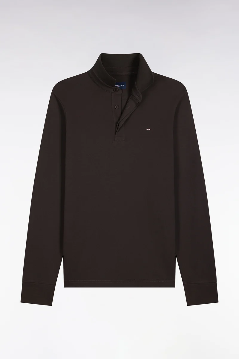 Polo manches longues en coton stretch marron coupe ajustée