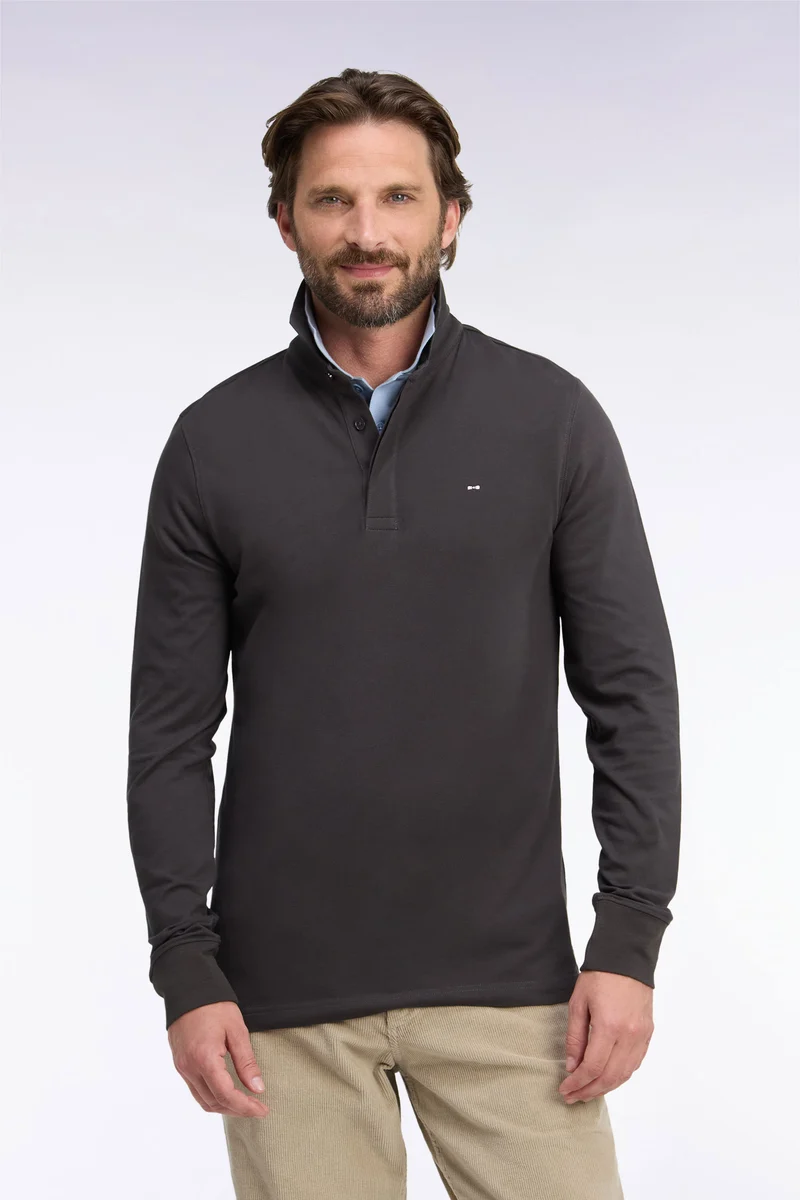 Polo manches longues en coton stretch marron coupe ajustée