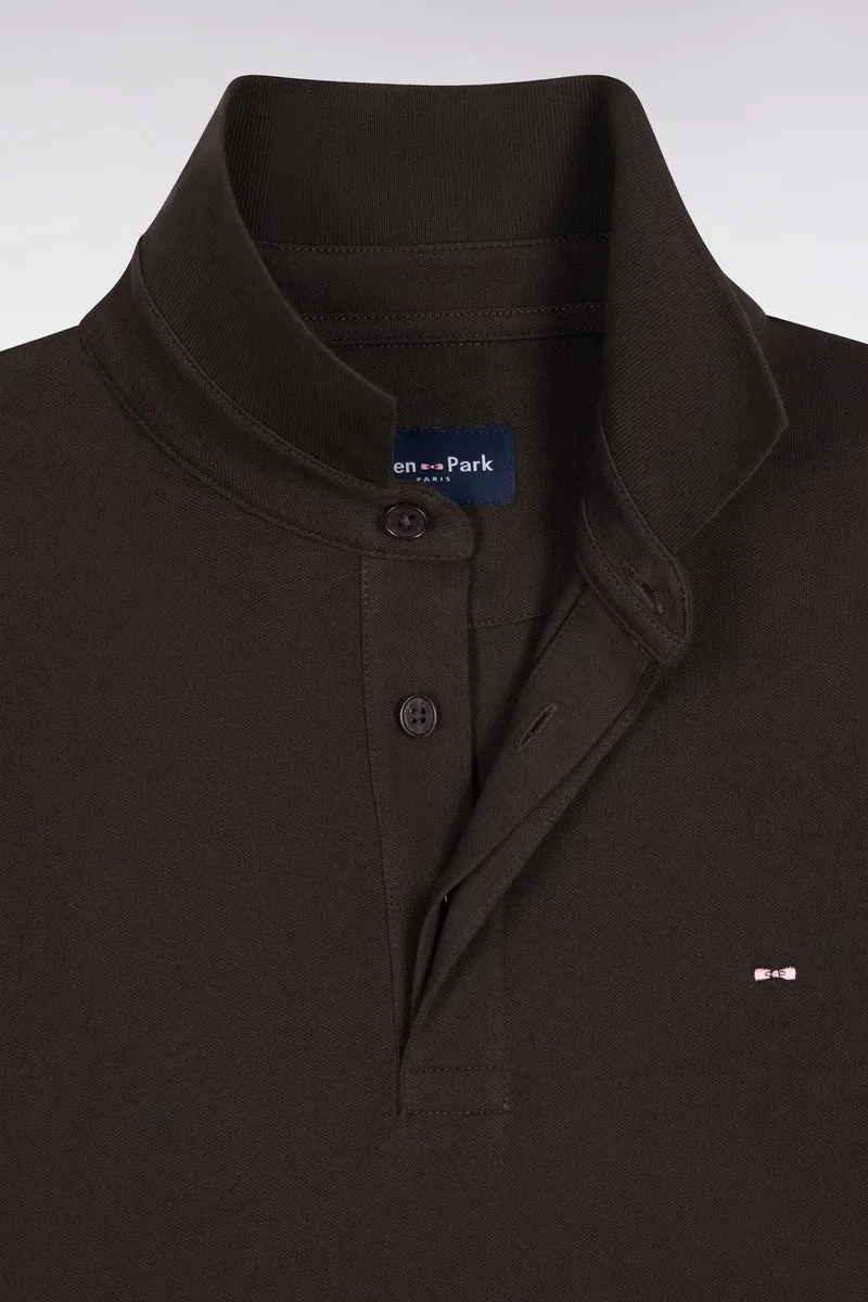 Polo manches longues en coton stretch marron coupe ajustée