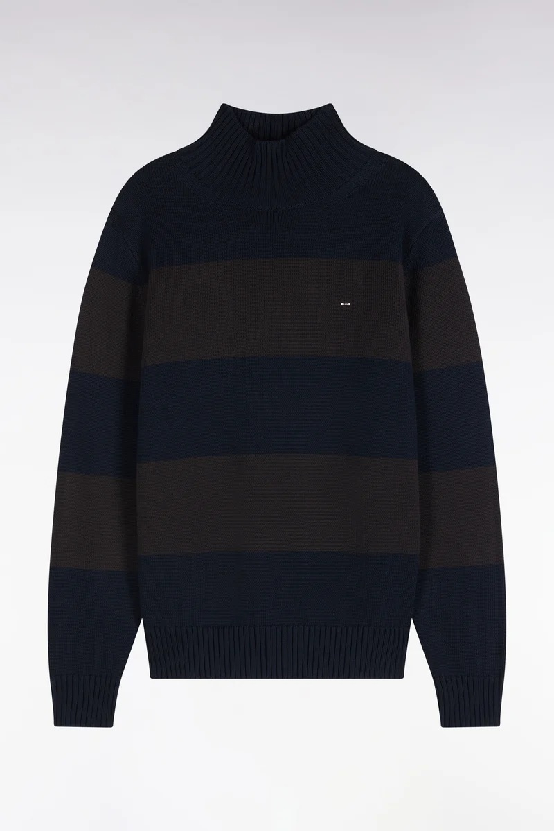 Pull col cheminée en coton rayé marron et marine coupe droite