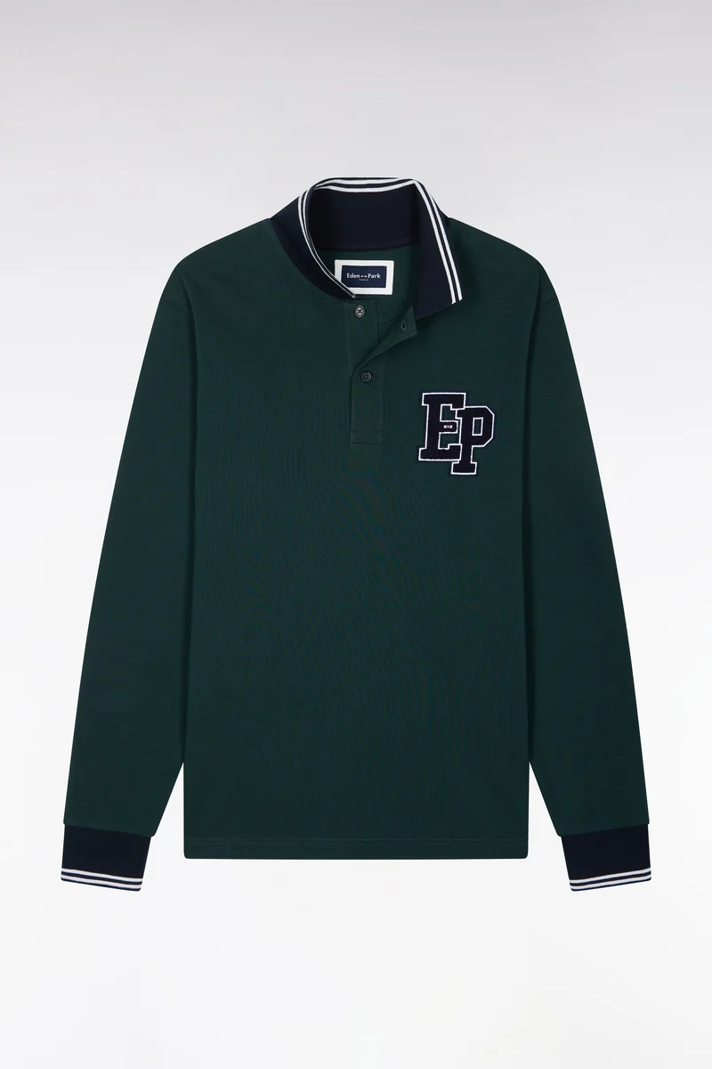 Polo manches longues en piqué de coton peigné vert foncé coupe droite