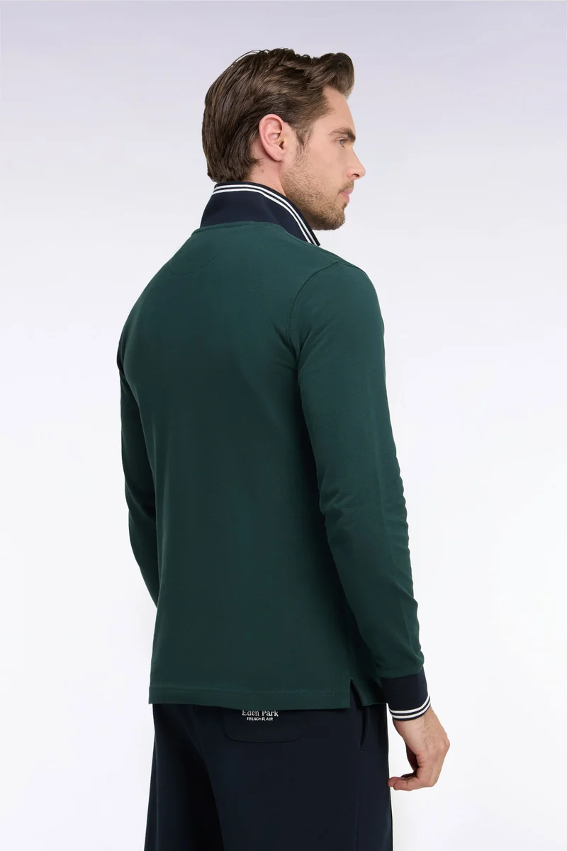 Polo manches longues en piqué de coton peigné vert foncé coupe droite