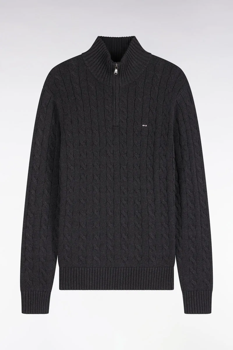 Pull à torsades à col camionneur en coton gris coupe droite