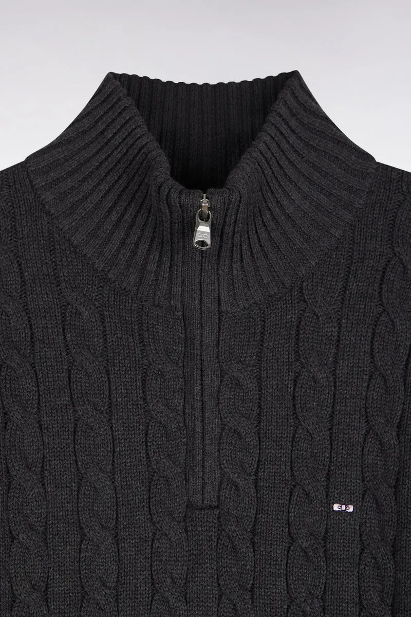 Pull à torsades à col camionneur en coton gris coupe droite