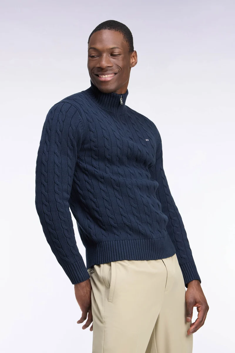 Pull à torsades à col camionneur en coton marine coupe droite