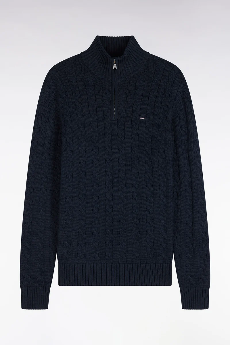 Pull à torsades à col camionneur en coton marine coupe droite