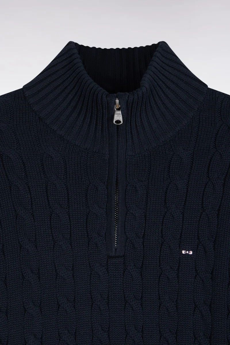 Pull à torsades à col camionneur en coton marine coupe droite