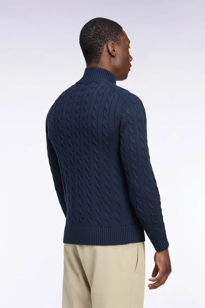 Pull à torsades à col camionneur en coton marine coupe droite
