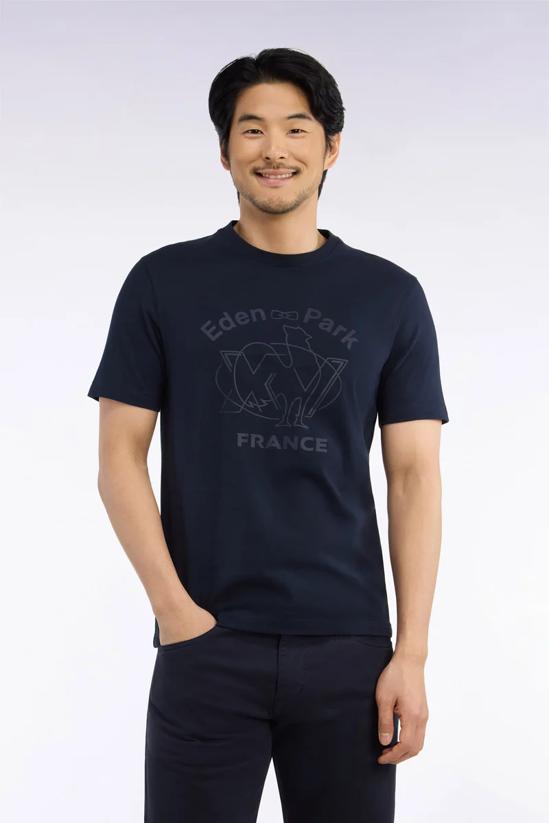T-shirt manches courtes en coton marine sérigraphie XV de France coupe droite