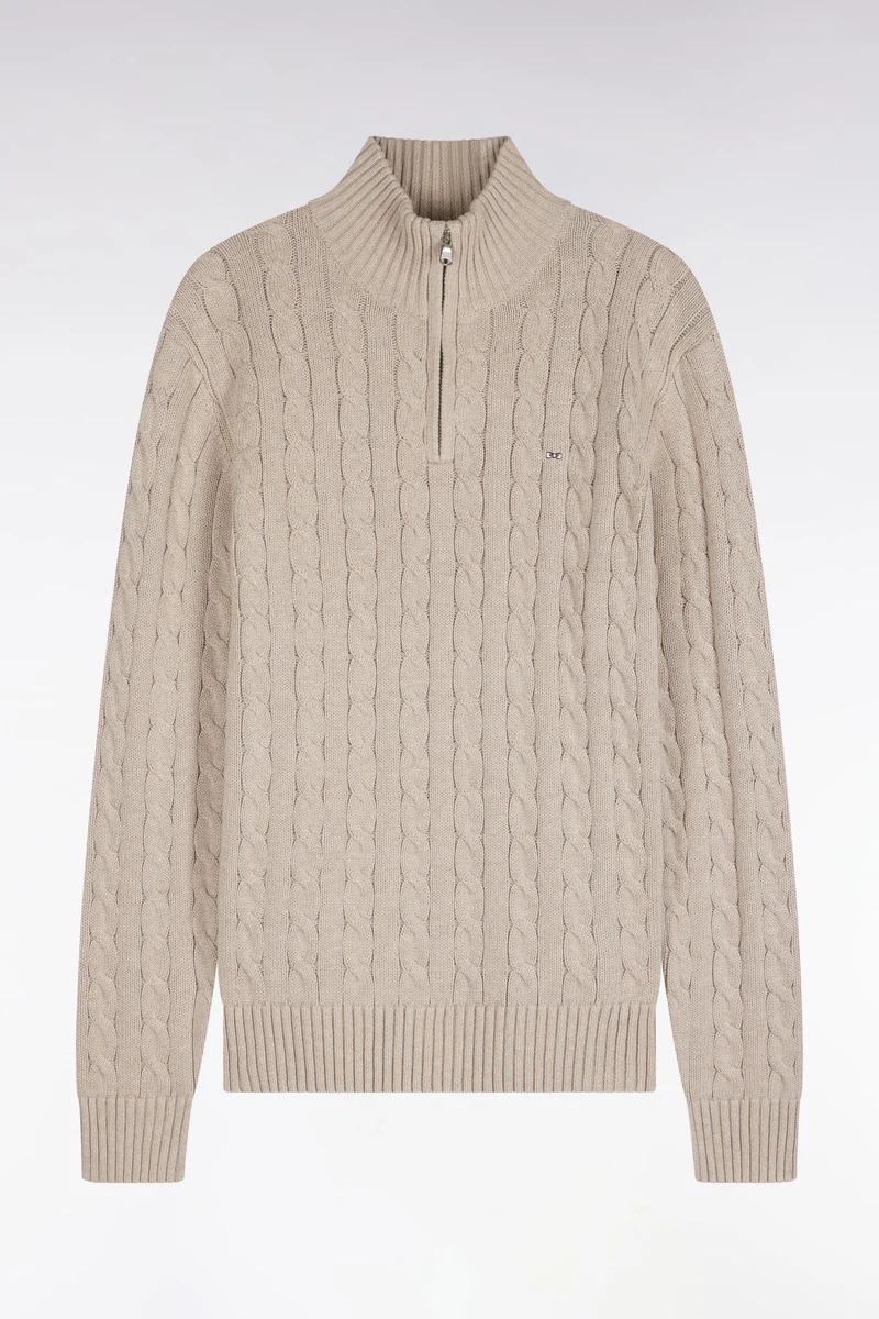 Pull à torsades à col camionneur en coton beige coupe droite