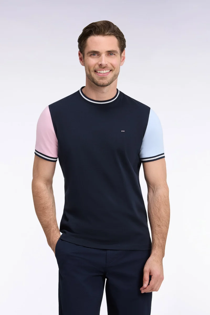 T-shirt manches courtes en coton tricolore coupe droite