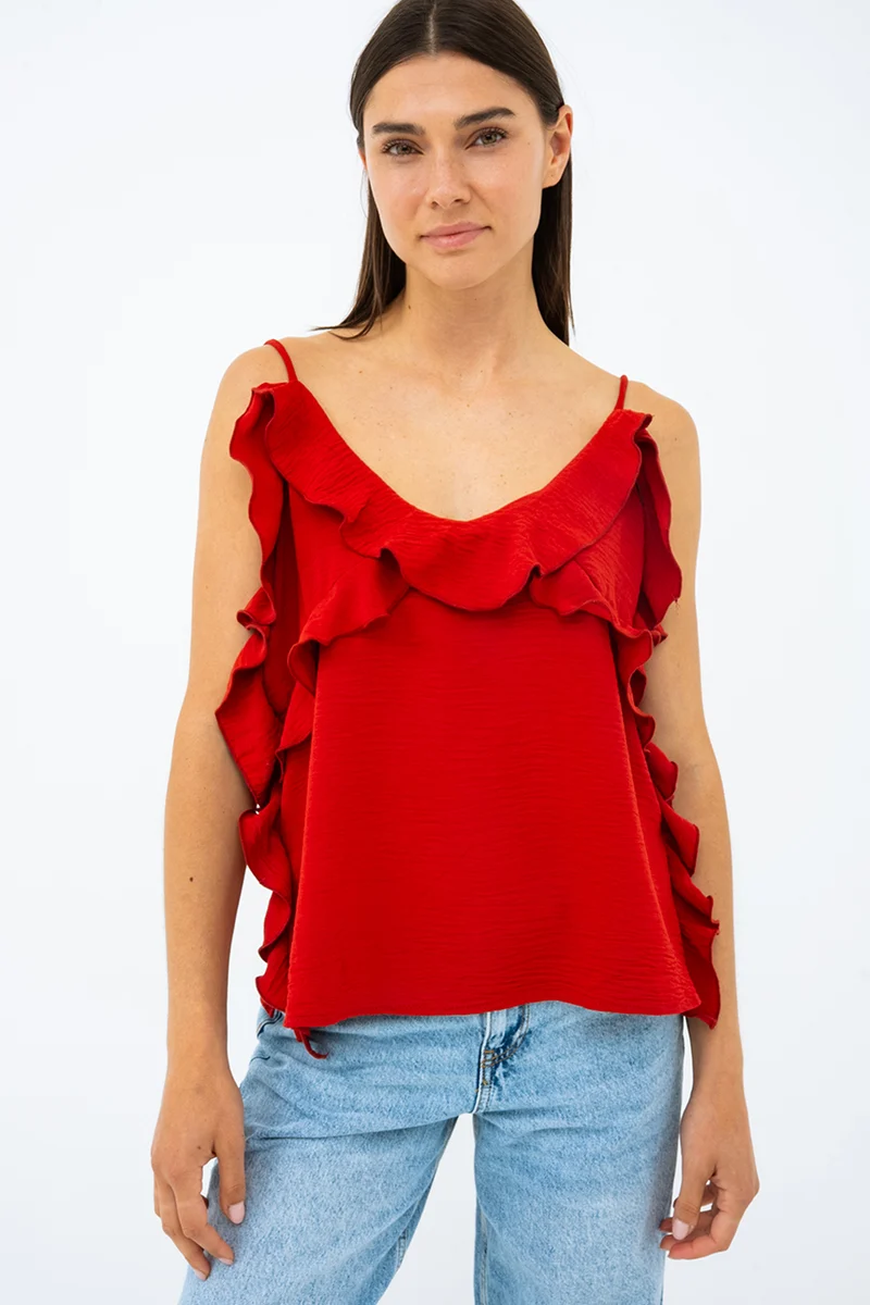 La camisole à volants fines bretelles