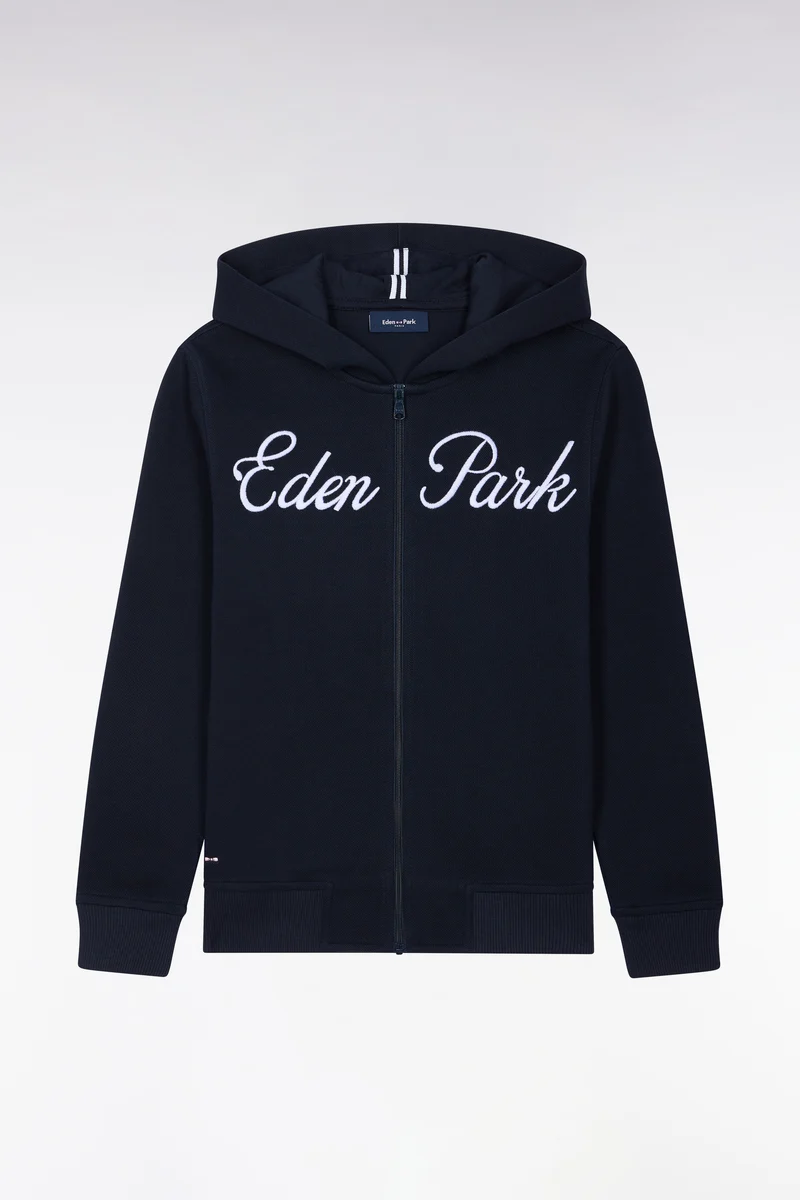 Sweatshirt à capuche zippé marine broderie Eden Park coupe droite