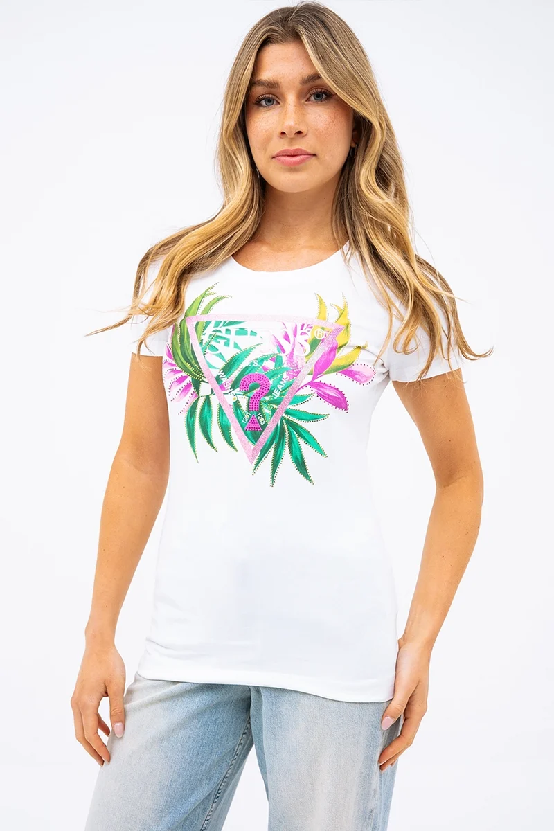Le t-shirt Guess logo feuillage et strass