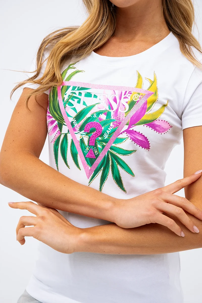 Le t-shirt Guess logo feuillage et strass