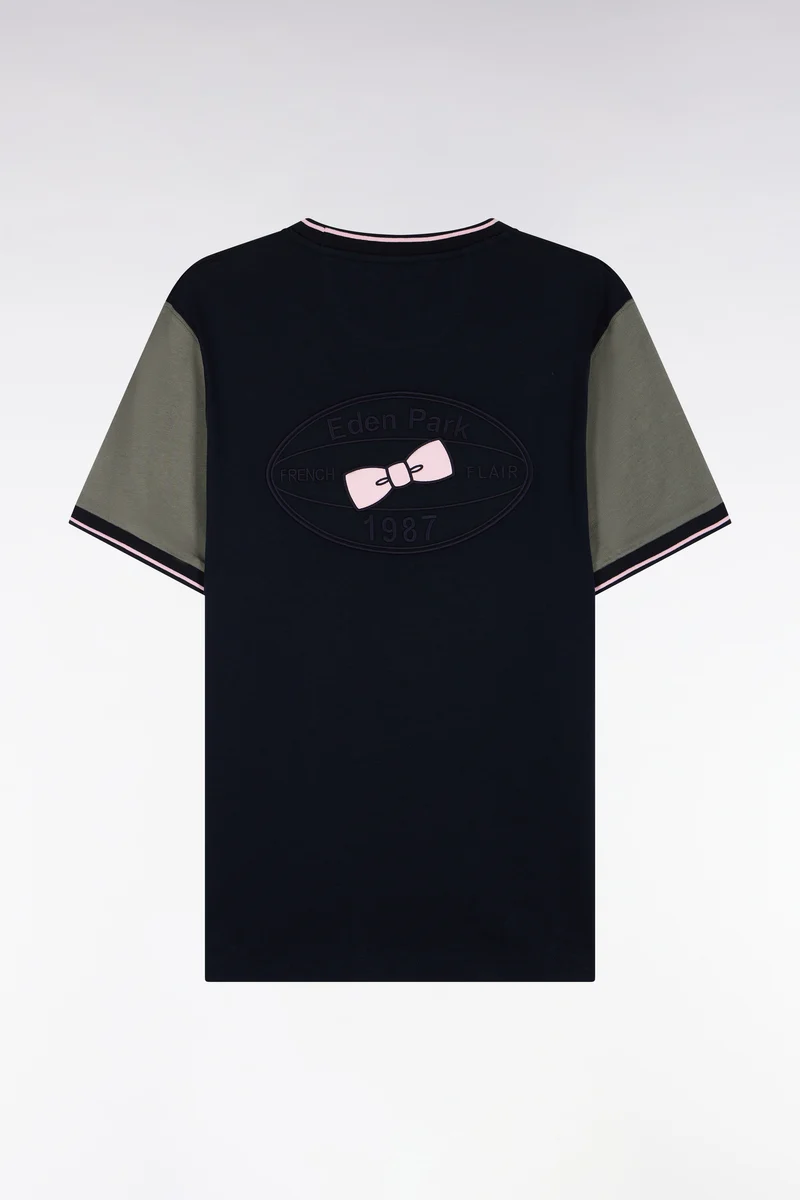 T-shirt manches courtes marine à manches vert olive coupe droite
