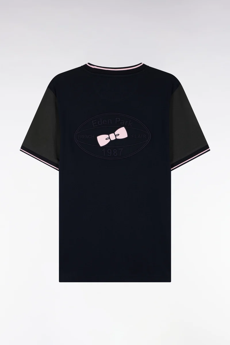 T-shirt manches courtes marine à manches marron coupe droite